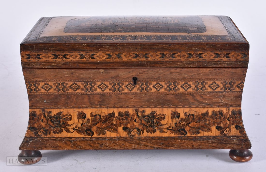 A VICTORIAN TUNBRIDGEWARE TEA CADDY. 23 cm x 12 cm. (1 of 6)