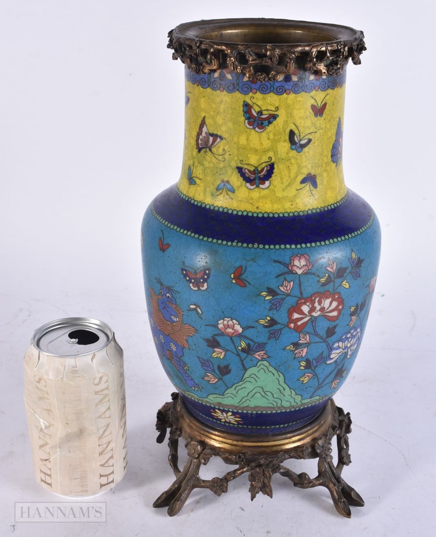 A 19TH CENTURY JAPANESE MEIJI PERIOD CLOISONNE ENAMEL VASE decorated with Buddhistic lions. 30 cm hi (1 of 4)