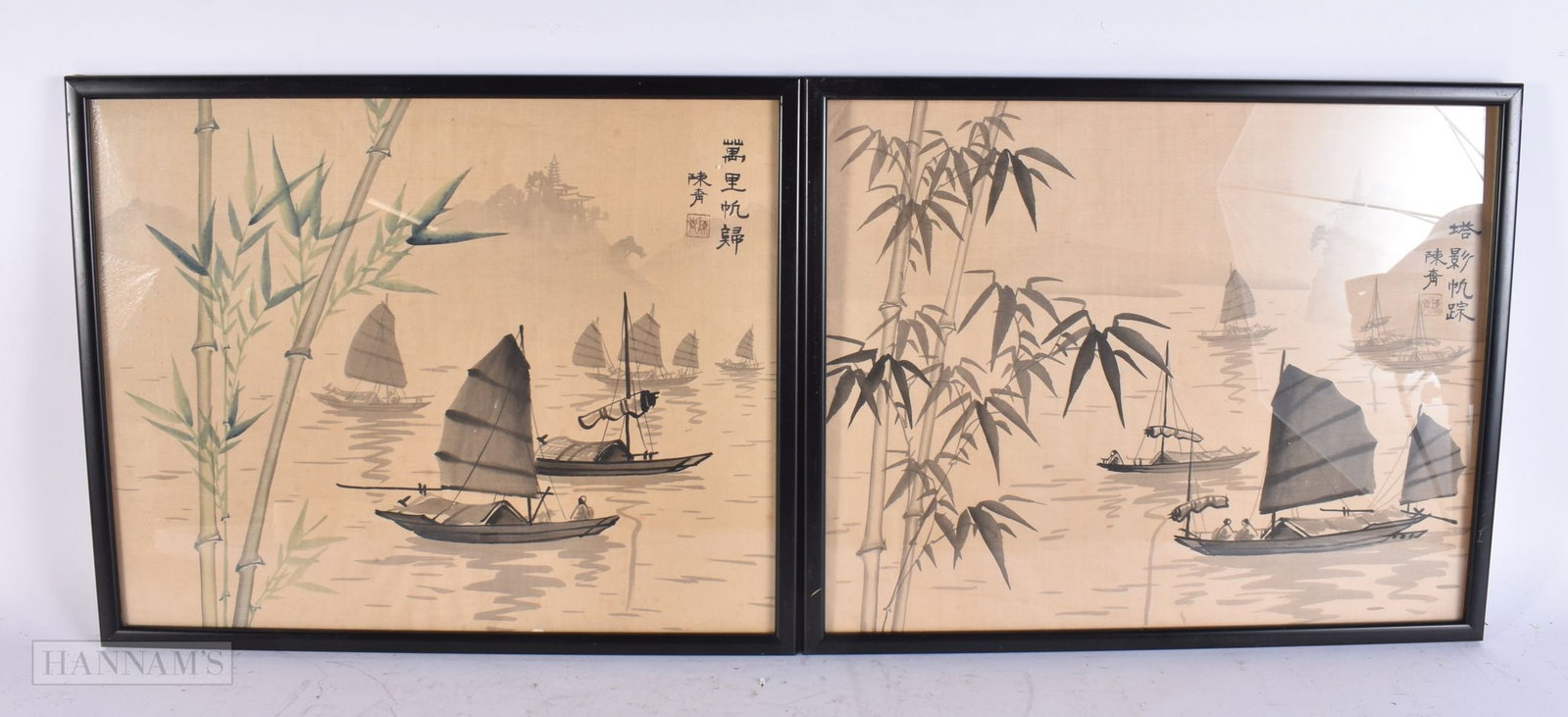 A PAIR OF ORIENTAL SILK PAINTINGS. 40 cm x 32 cm. (1 of 4)