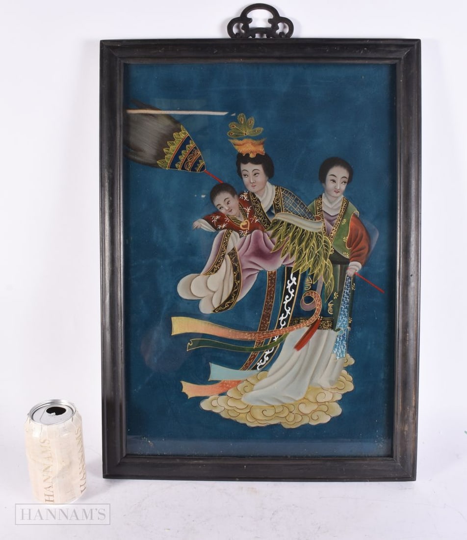 A CHINESE REVERSE PAINTED MIRROR. 55 cm x 38 cm. (1 of 3)