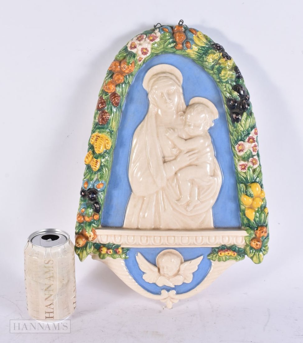 AN ITALIAN DELLA ROBIA STYLE POTTERY PLAQUE. 40 cm x 28 cm. (1 of 3)