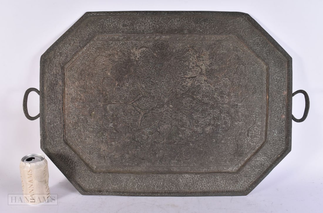 A LARGE 19TH CENTURY MIDDLE EASTERN KASHMIRI TWIN HANDLED TRAY. 72 cm x 44 cm. (1 of 3)