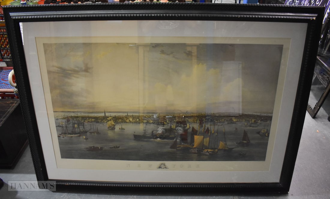 A VERY LARGE ANTIQUE HAND COLOURED ENGRAVING OF NEW YORK. 119 cm x 168 cm, image 72 cm x 127 cm. (1 of 5)