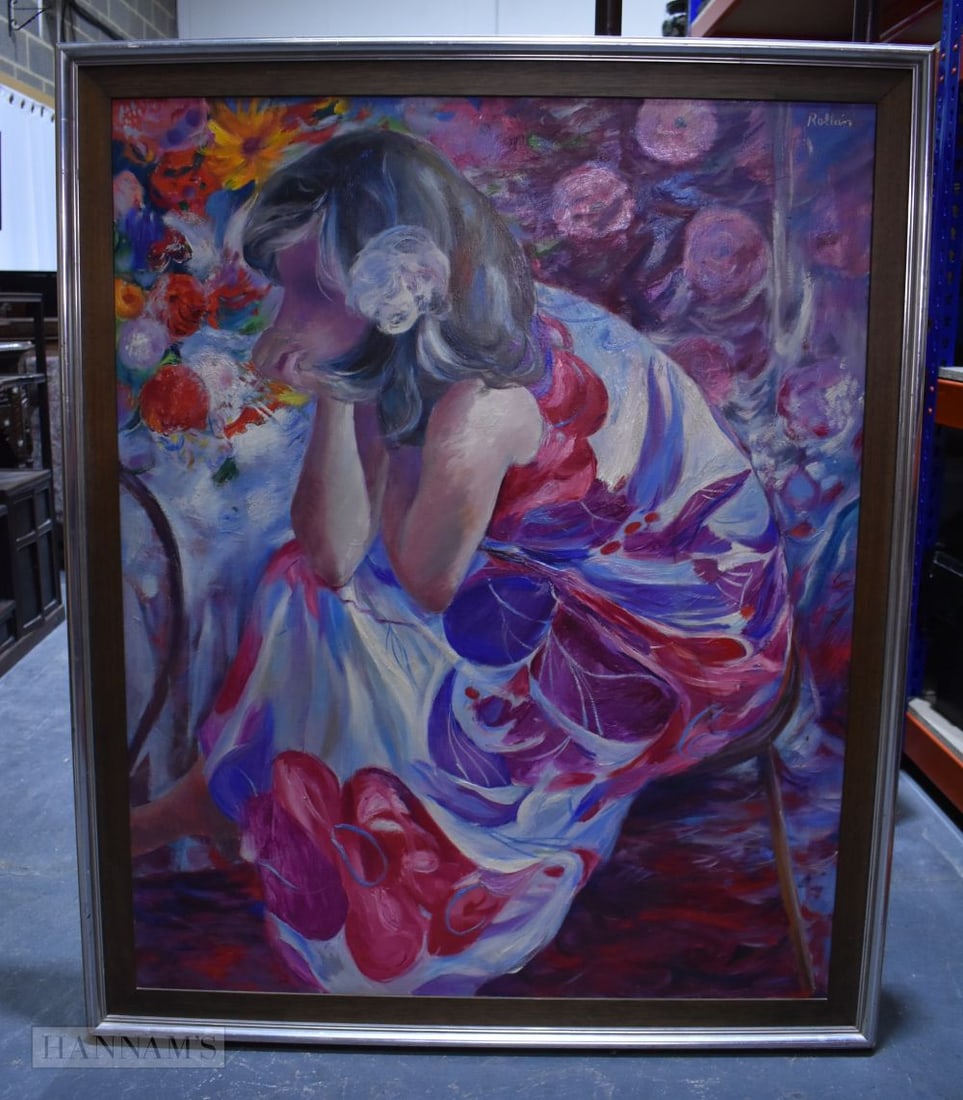 A LARGE OIL ON CANVAS by Rollan. 111 cm x 92 cm, image 99 cm x 80 cm.: A LARGE OIL ON CANVAS by Rollan. 111 cm x 92 cm, image 99 cm x 80 cm.