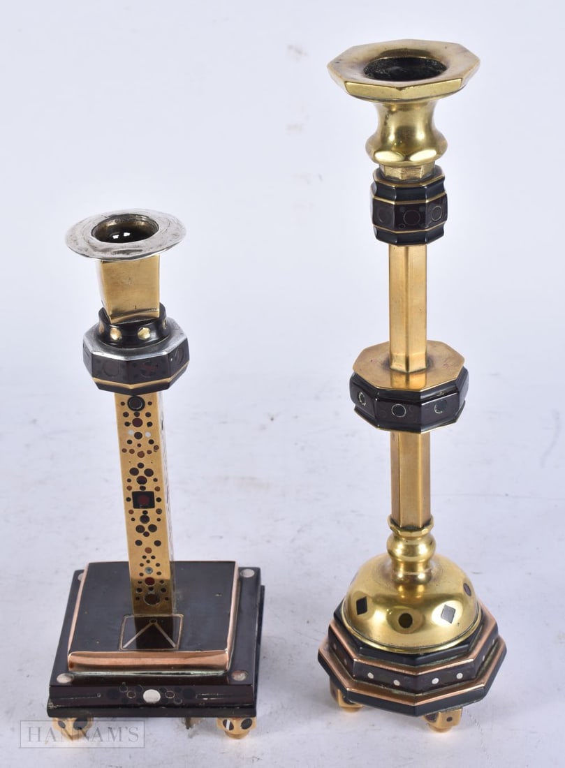TWO RARE ANTIQUE CHERRY COLOURED CANDLESTICKS possibly early Bakelite (untested) mounted in brass wi (1 of 3)