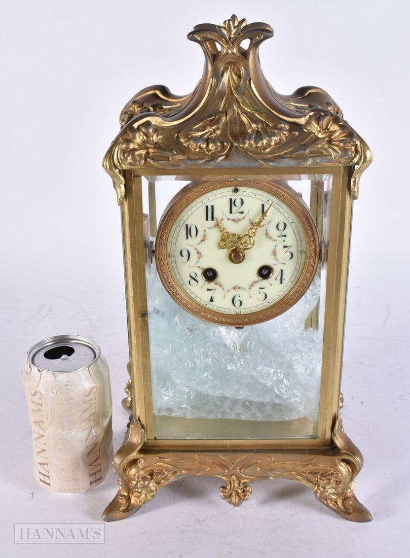 AN ART NOUVEAU FRENCH GILDED SPELTER REGULATOR MANTEL CLOCK. 35 cm x 15 cm. (1 of 2)