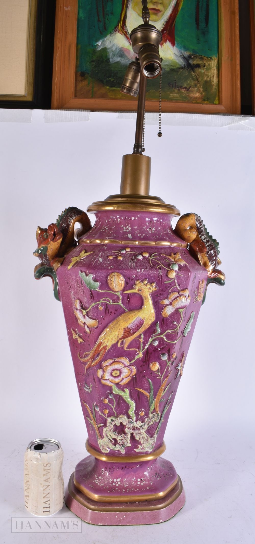 A LARGE AND UNUSUAL 19TH CENTURY PORCELAIN TWIN HANDLED LAMP decorated in the Orientalist taste. 90 (1 of 4)