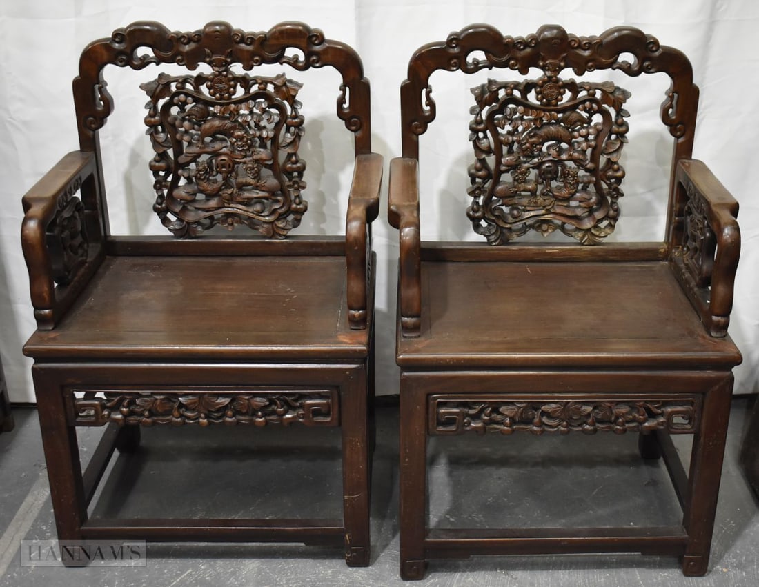 A PAIR OF 19TH CENTURY CHINESE HARDWOOD ARM CHAIRS Qing. 102 cm x 66 cm x 40 cm.: A PAIR OF 19TH CENTURY CHINESE HARDWOOD ARM CHAIRS Qing. 102 cm x 66 cm x 40 cm.