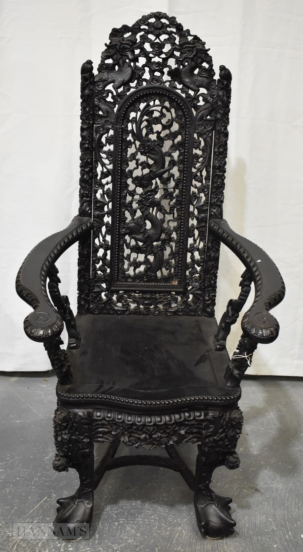 A VERY RARE 19TH CENTURY CHINESE CARVED HARDWOOD CHAIR Qing, possibly Zitan. 138 cm x 67 cm x 69 cm.: A VERY RARE 19TH CENTURY CHINESE CARVED HARDWOOD CHAIR Qing, possibly Zitan. 138 cm x 67 cm x 69 cm.