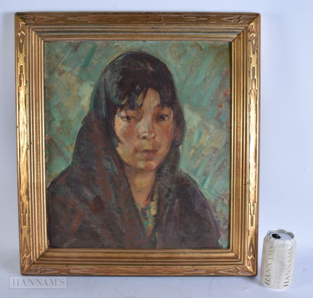 Nicolai Ivanovich Fechin (1881-1955) Russian, Oil on board, Tiger Girl, Taos, New Mexico October 192: Nicolai Ivanovich Fechin (1881-1955) Russian, Oil on board, Tiger Girl, Taos, New Mexico October 1927. 56 cm x 50 cm, image 45 cm x 39 cm. Note: See Altermann Galeries Auction July 2004 for a similar 