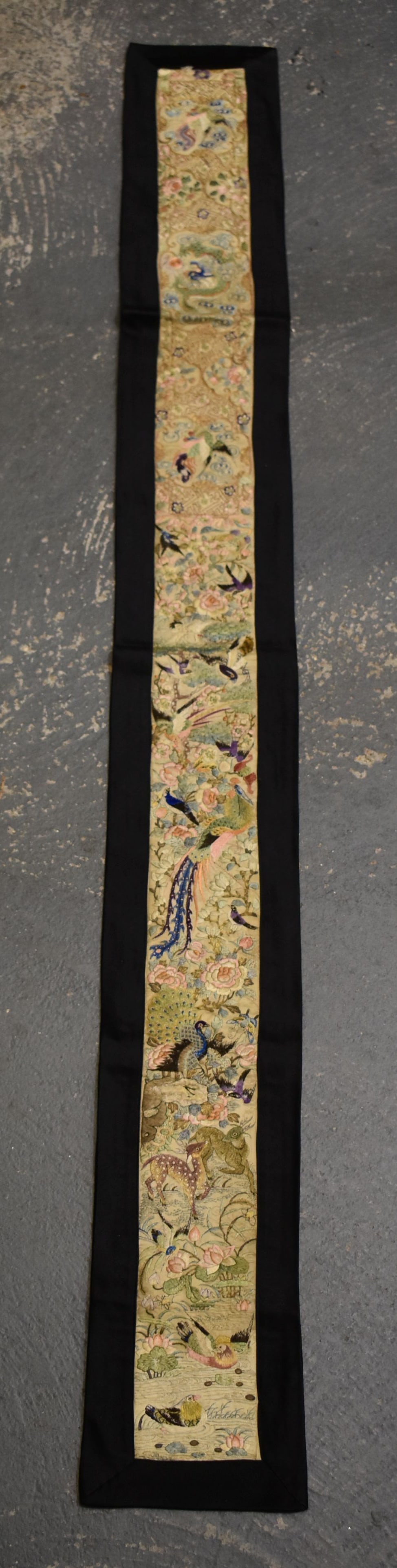 A LATE 19TH CENTURY CHINESE SILK EMBROIDERED RECTANGULAR PANEL Late Qing. 124 cm x 14 cm. (1 of 12)