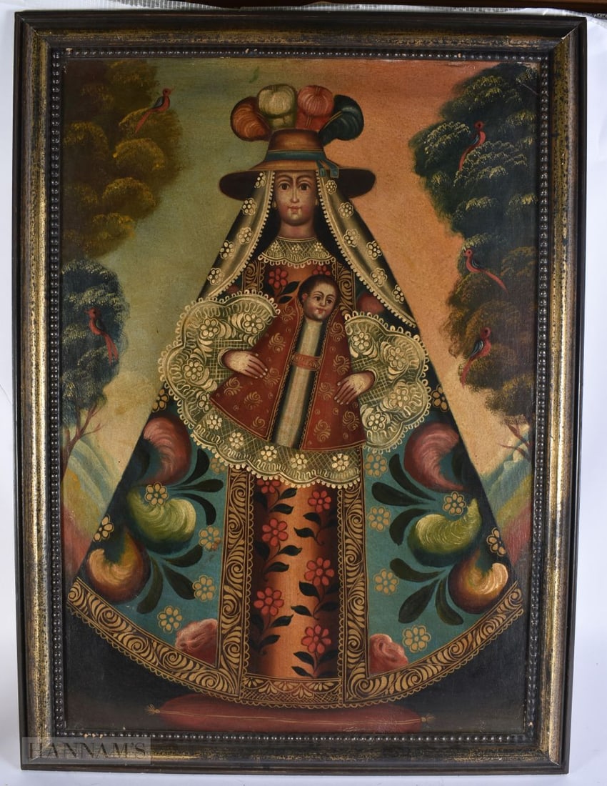 Cuzco School (18th/19th Century) Oil on canvas, Saint and child. 74 cm x 54 cm, image 66 cm x 46 cm.: Cuzco School (18th/19th Century) Oil on canvas, Saint and child. 74 cm x 54 cm, image 66 cm x 46 cm.