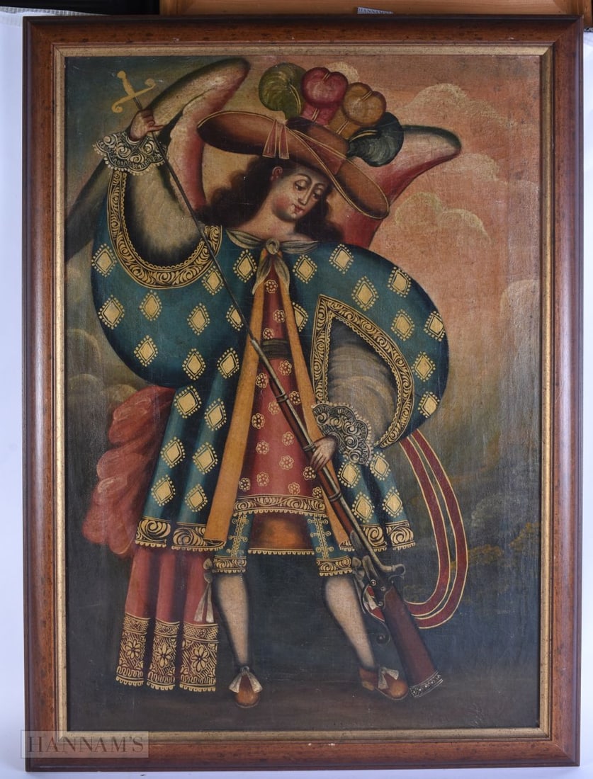 Cuzco School (18th/19th Century) Oil on canvas, Standing figure with sword and rifle. 74 cm x 54 cm, (1 of 7)