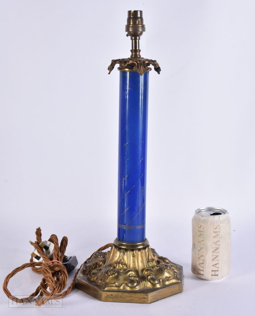 A VICTORIAN BLUE OPALINE GLASS LAMP. 43 cm high. (1 of 8)