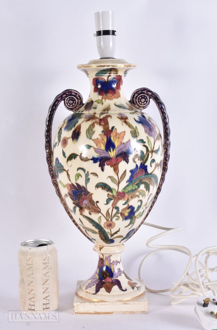 AN UNUSUAL SWEDISH ZSOLNAY FISCHER TYPE TWIN HANDLED POTTERY LAMP. 48 cm x 16 cm.: AN UNUSUAL SWEDISH ZSOLNAY FISCHER TYPE TWIN HANDLED POTTERY LAMP. 48 cm x 16 cm.