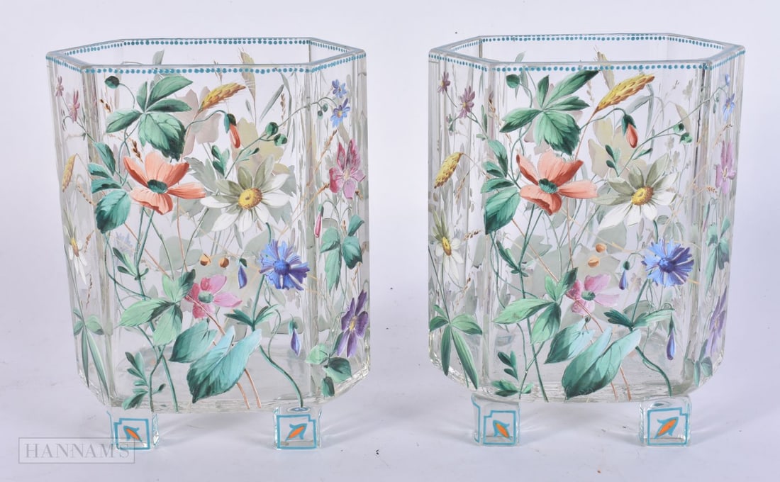 A PAIR OF AESTHETIC MOVEMENT ENAMELLED GLASS VASES of hexagonal form, painted with foliage. 17 cm x (1 of 3)