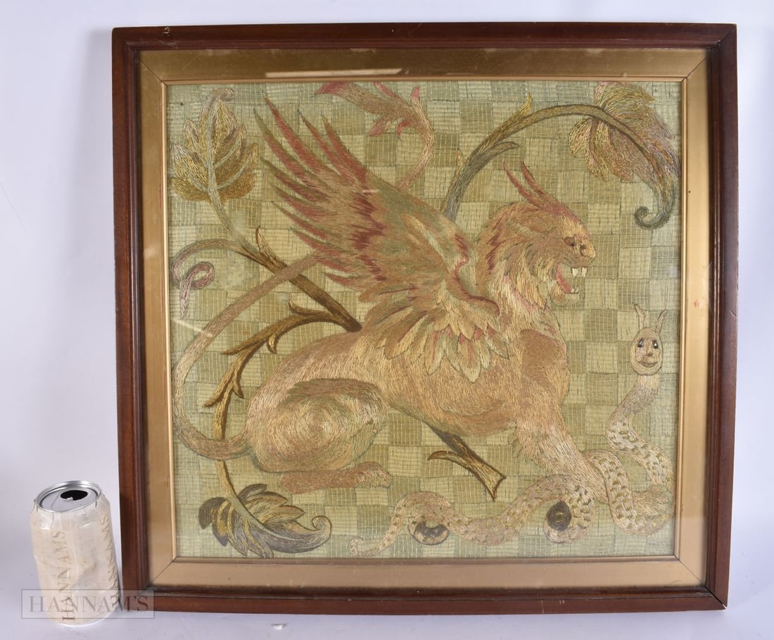 AN UNUSUAL ARTS AND CRAFTS EMBROIDERED GRIFFIN PANEL. 50 cm square. (1 of 3)