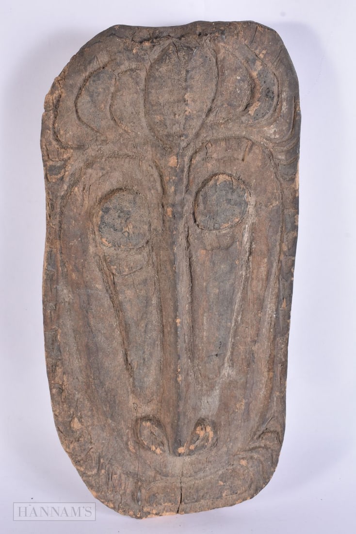 AN ANTIQUE TRIBAL PAPUA NEW GUINEA ANCESTRAL WOOD MASK. 42 cm x 20 cm. (1 of 2)
