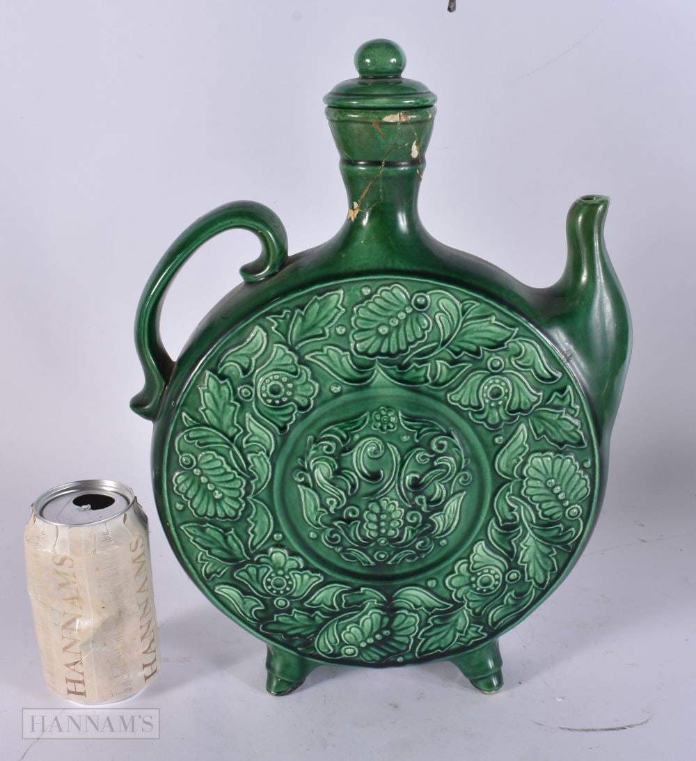 AN UNUSUAL UKRAINIAN GREEN GLAZED POTTERY EWER. 35 cm x 25 cm. (1 of 5)