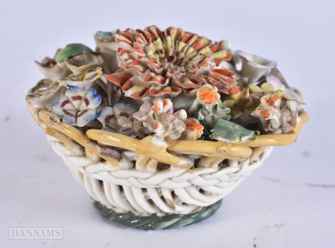A 19TH CENTURY ENGLISH PORCELAIN ENCRUSTED BASKET. 9 cm wide. (1 of 3)