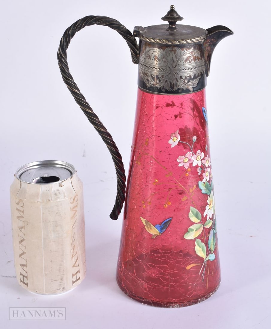 AN UNUSUAL VICTORIAN/EDWARDIAN ENAMELLED CRACKLED CRANBERRY GLASS EWER. 26 cm high. (1 of 4)