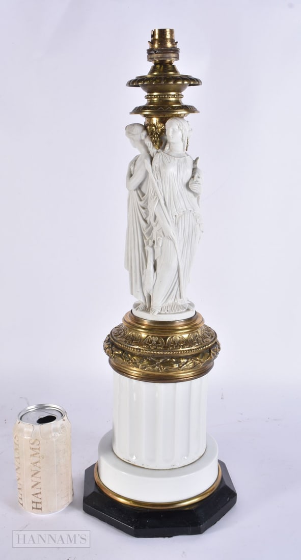 AN UNUSUAL 19TH CENTURY GRAND TOUR PARIAN WARE COUNTRY HOUSE LAMP formed with three figures. 51 cm h (1 of 3)