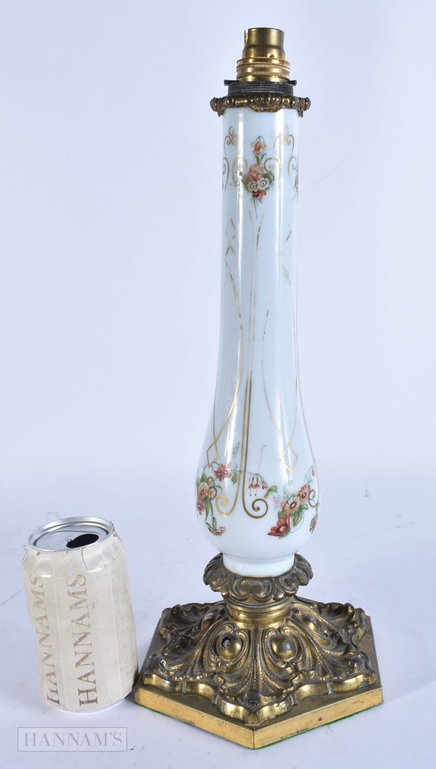 A LATE VICTORIAN ENAMELLED OPALINE GLASS LAMP. 42 cm high. (1 of 3)