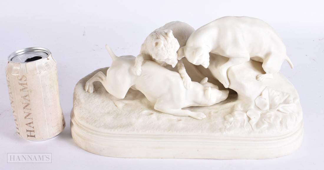 AN UNUSUAL 19TH CENTURY ENGLISH PARIAN WARE FIGURE OF HUNTING HOUNDS After P J Mene. 32 cm x 18 cm. (1 of 4)