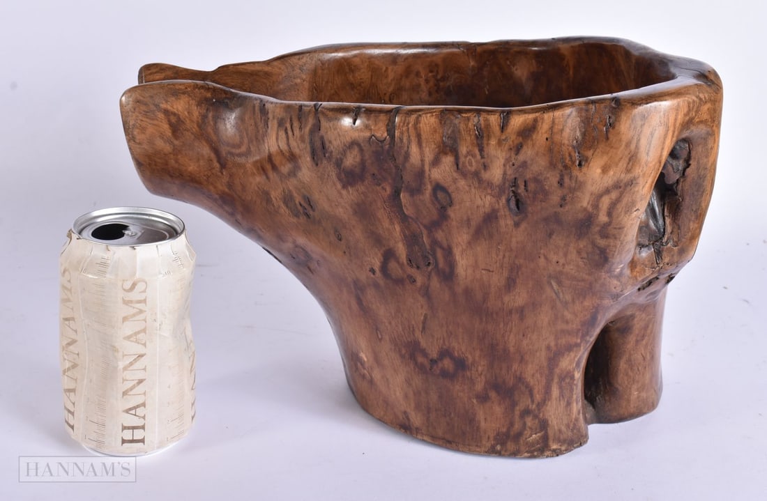 A CHARMING LARGE ANTIQUE CARVED WOOD TREE STUMP LIPPED BOWL of naturalistic form. 23 cm x 27 cm x 18 (1 of 4)