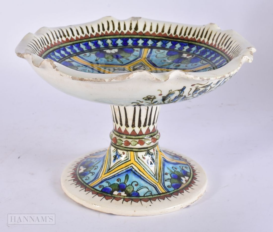 A MIDDLE EASTERN IZNIK STYLE POTTERY PEDESTAL TAZZA. 21 cm wide. (1 of 3)