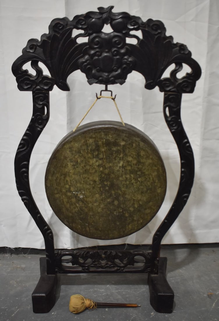 A 19TH CENTURY CHINESE HARDWOOD BRONZE GONG ON STAND Qing. 106 cm x 60 cm. (1 of 5)