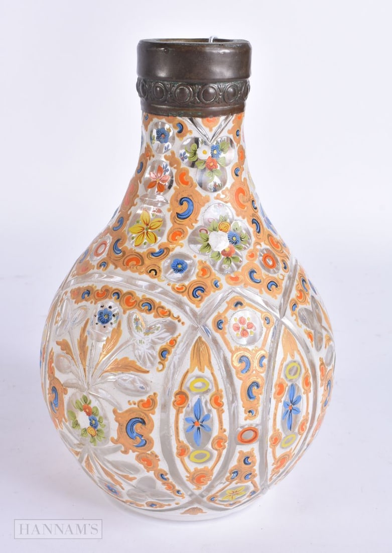 AN ANTIQUE BOHEMIAN ENAMELLED GLASS HOOKAH PIPE BASE. 22 cm high. (1 of 3)