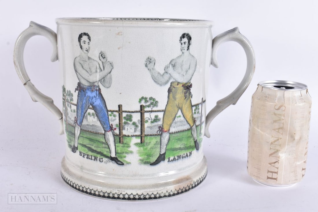 AN UNUSUAL EARLY 19TH CENTURY STAFFORDSHIRE BARE KNUCKLE BOXING CUP depicting Spring and Langan, int (1 of 5)