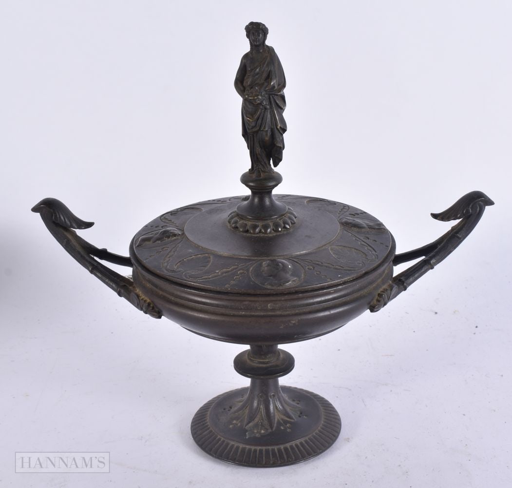 A 19TH CENTURY GRAND TOUR BRONZE INKWELL AND COVER surmounted with a standing classical female. 20 c (1 of 6)