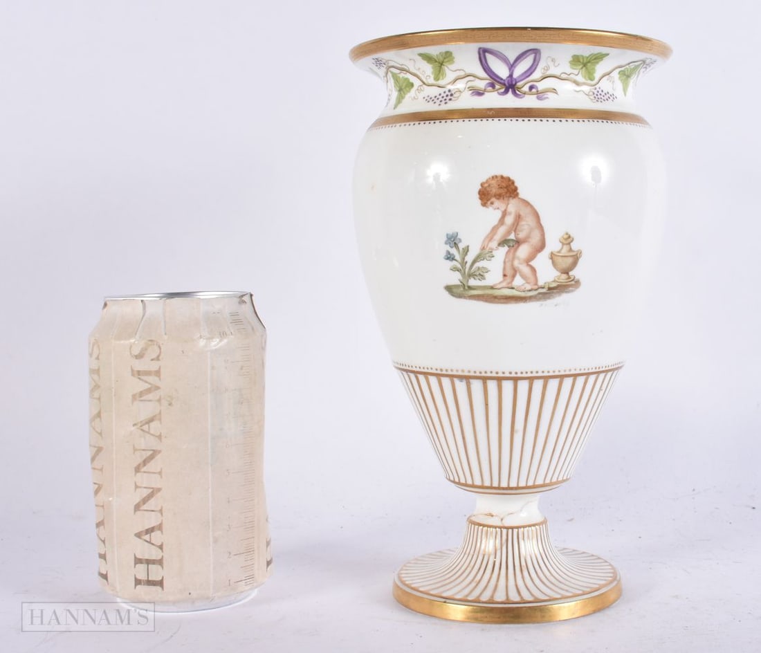 A RARE WEDGWOOD VASE by Joseph Palin Thorley, painted with putti tending to a garden. 20 cm x 12 cm. (1 of 9)