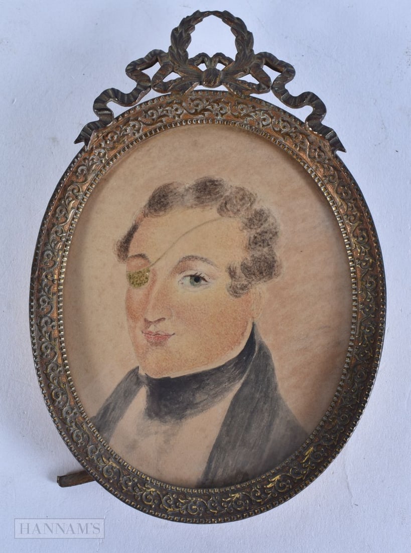 English School (19th Century) Rare watercolour miniature, Man with eye patch. 14 cm x 9 cm, image 9. (1 of 3)