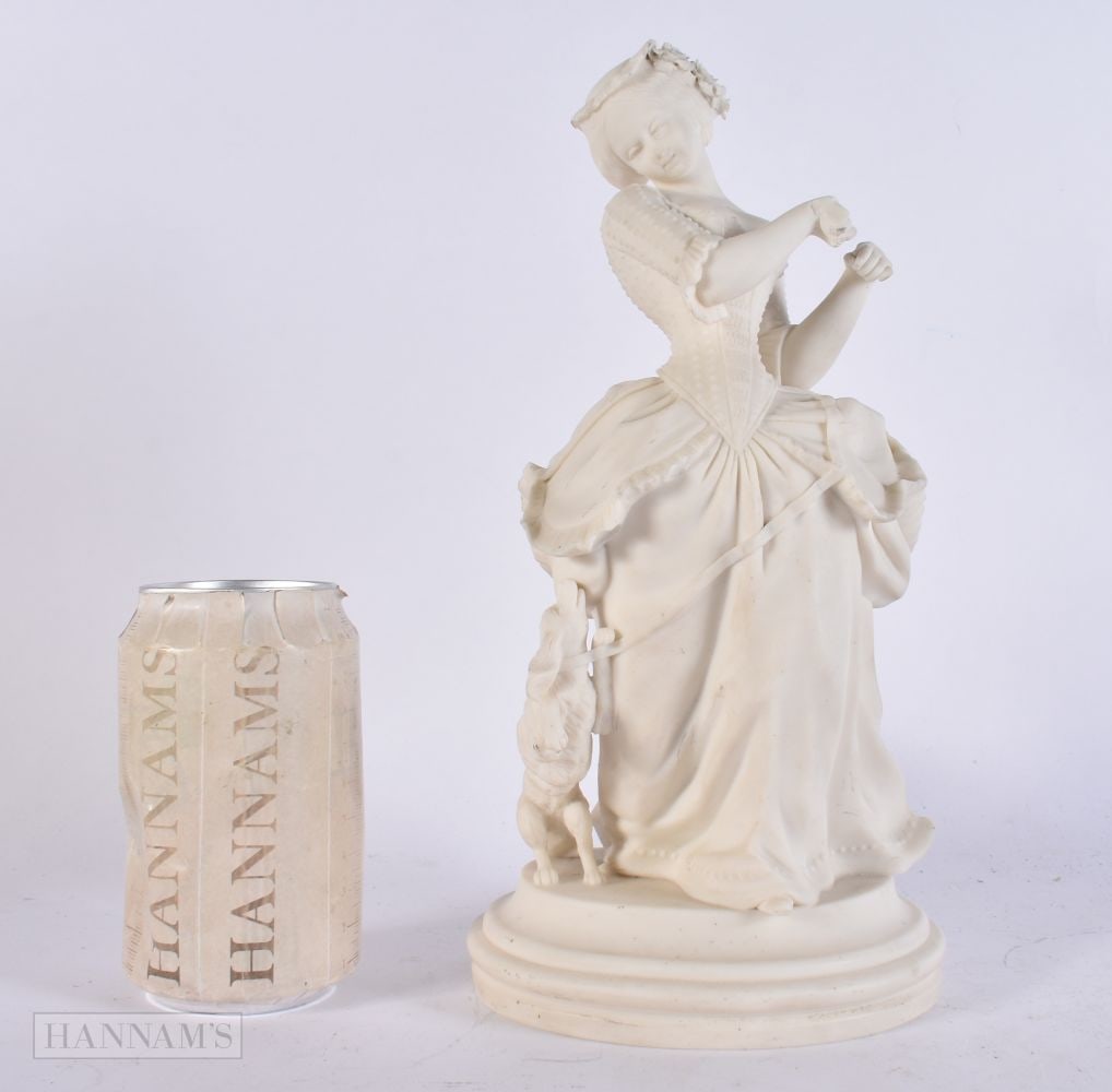 AN UNUSUAL 19TH CENTURY ENGLISH PARIAN WARE FIGURAL GROUP modelled as a female beside a begging houn (1 of 5)