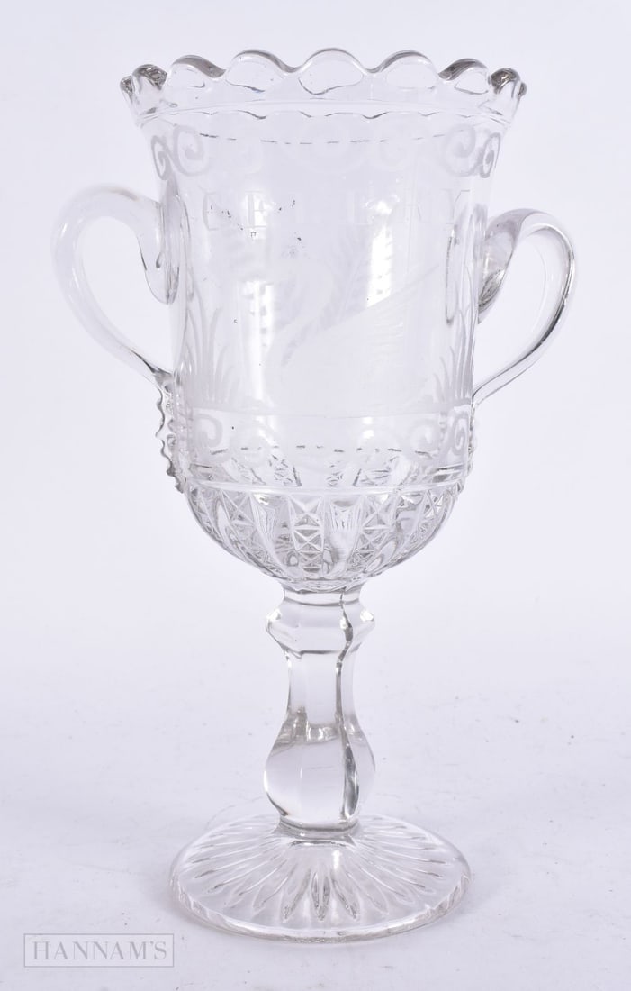 A LARGE ANTIQUE TWIN HANDLED CELERY VASE engraved with a swan. 26 cm x 12 cm. (1 of 4)