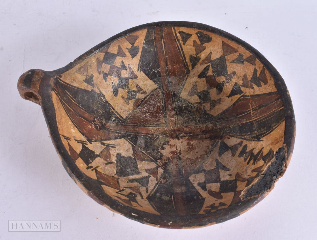 AN UNUSUAL PAINTED TERRACOTTA BOWL possibly antiquity and South American. 24 cm x 18 cm.: AN UNUSUAL PAINTED TERRACOTTA BOWL possibly antiquity and South American. 24 cm x 18 cm.