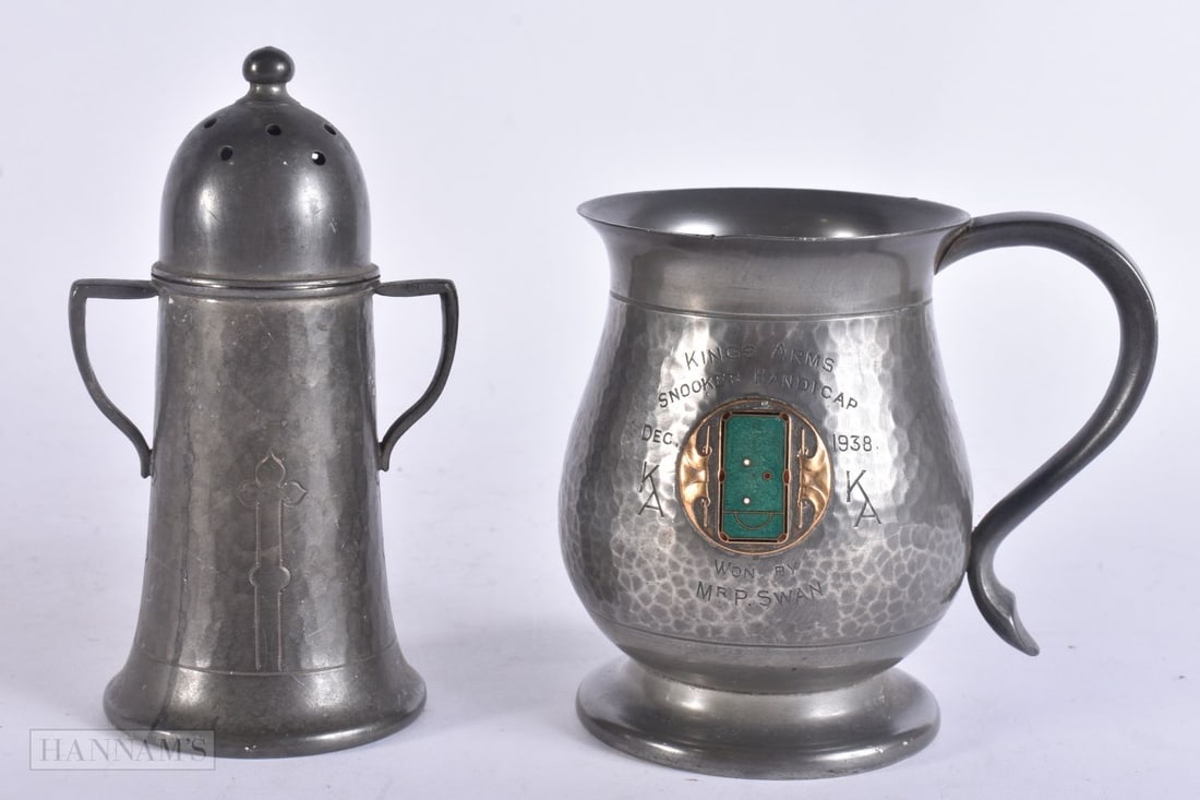 A CHARMING ART DECO SNOOKER INTEREST ENAMELLED together with a twin handled sugar sifter. 15 cm high (1 of 5)