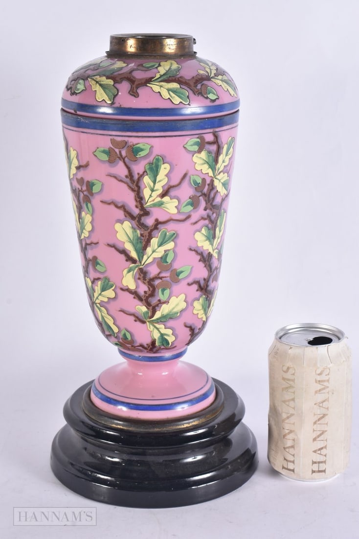 A VICTORIAN PINK OPALINE ENAMELLED GLASS OIL LAMP BASE. 35 cm high.: A VICTORIAN PINK OPALINE ENAMELLED GLASS OIL LAMP BASE. 35 cm high.