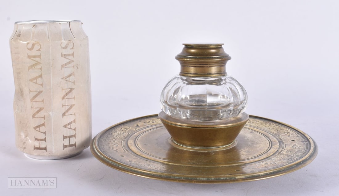 A VICTORIAN ENGRAVED BRONZE INKWELL. 18 cm wide. (1 of 4)