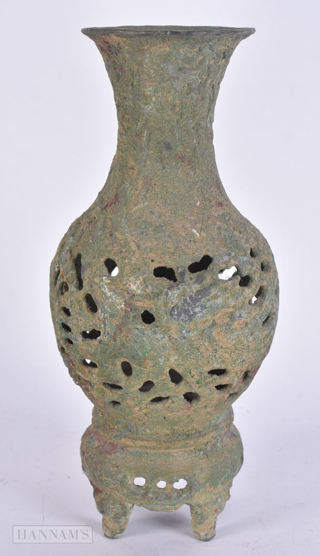 AN UNUSUAL RETICULATED ASIAN MIDDLE EASTERN BRONZE VASE possibly antiquity. 23 cm high. (1 of 5)