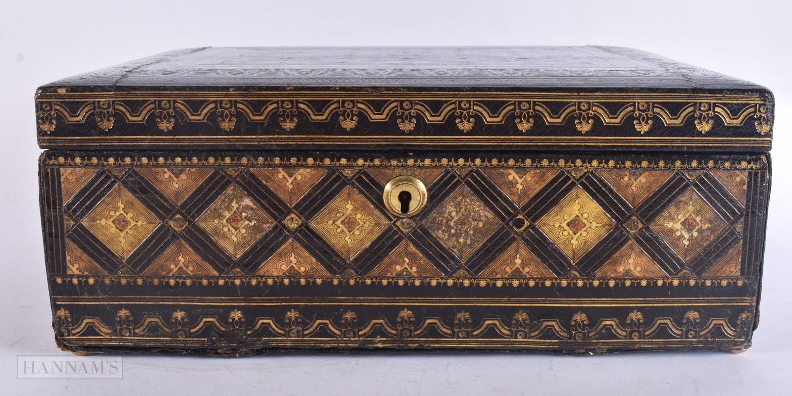 A LARGE EARLY VICTORIAN TOOLED LEATHER STATIONARY DESK BOX decorated with lozenge form motifs. 38 cm (1 of 5)