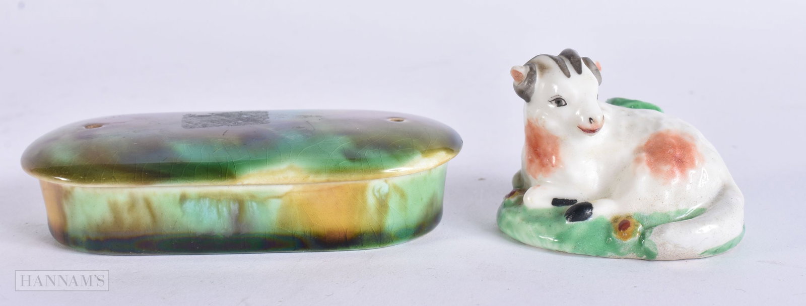 AN 18TH CENTURY DERBY PORCELAIN FIGURE OF A SHEEP together with a Whieldon type box and cover. Large (1 of 4)