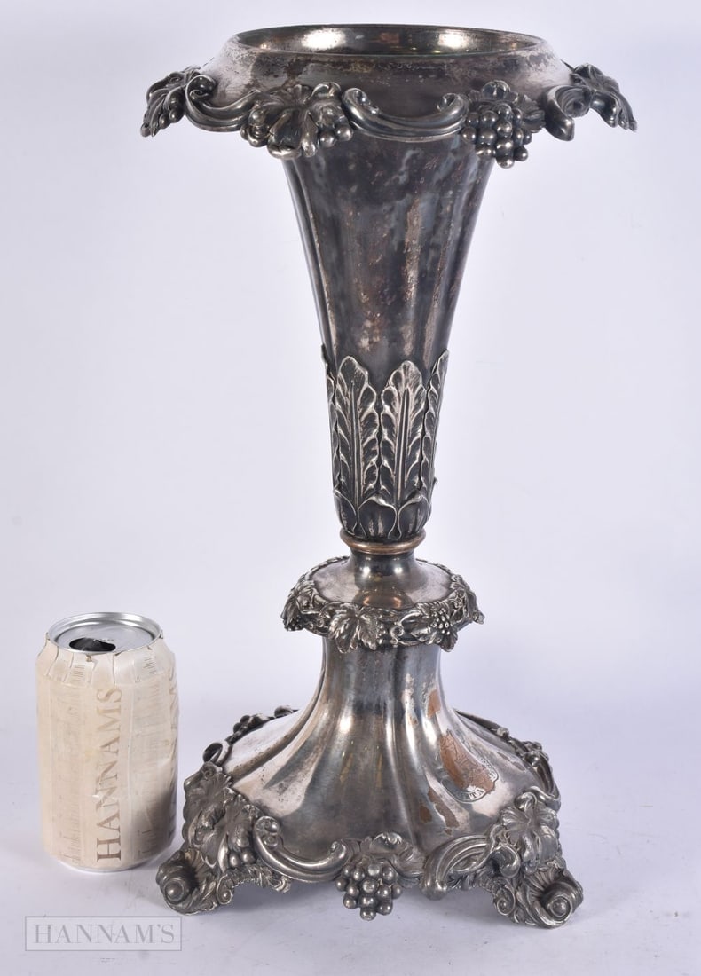 A LARGE EARLY 19TH CENTURY OLD SHEFFIELD PLATED ARMORIAL COMPORT STAND upon fine quality scrolling a (1 of 6)