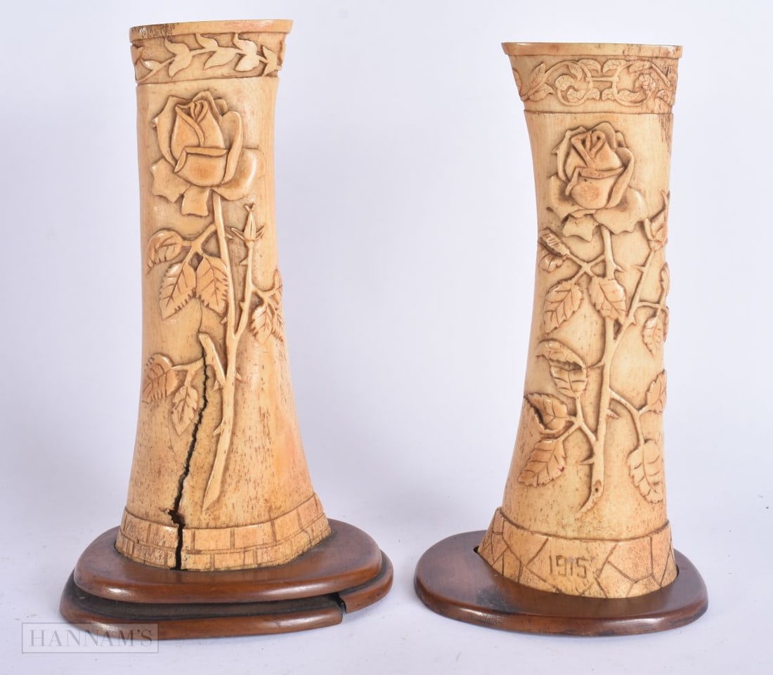 A PAIR OF WWI MILITARY INTEREST TRENCH ART BONE VASES. 21 cm high. (1 of 6)