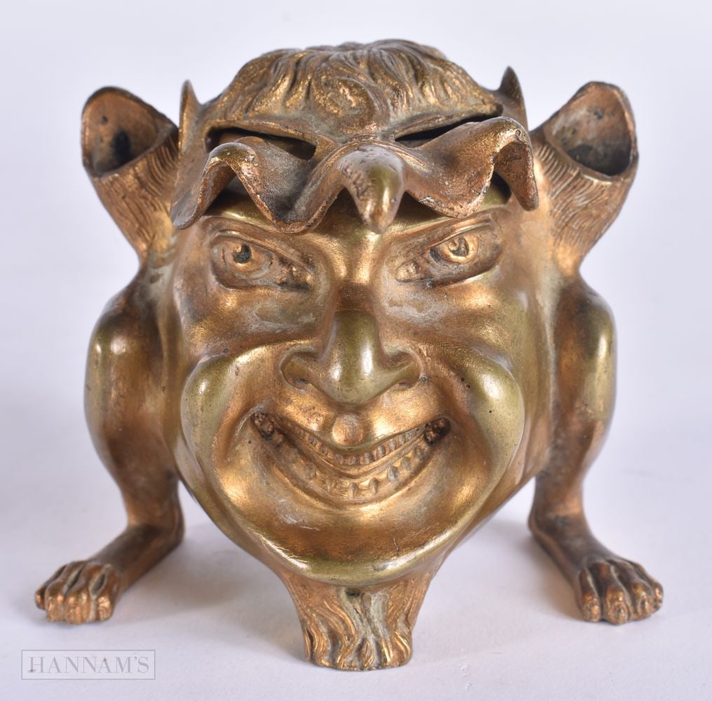 AN ANTIQUE BRONZE GOBLIN INKWELL. 8 cm x 6 cm. (1 of 5)