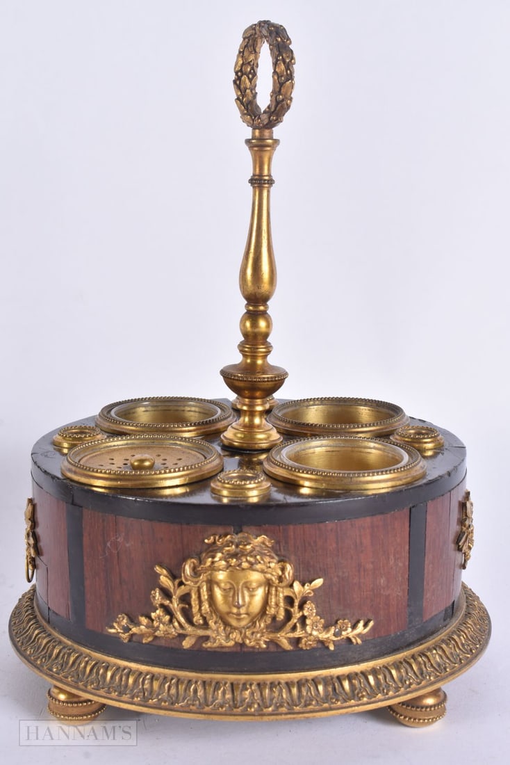 A FINE 19TH CENTURY FRENCH GILT BRONZE CARVED WOOD INKSTAND by Millet of Paris, decorated with mask (1 of 6)