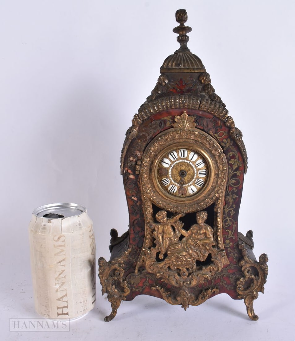 AN UNUSUALLY SMALL 19TH CENTURY FRENCH BOULLE WORK BRONZE CLOCK decorated with foliage. 32 cm x 15 c (1 of 7)